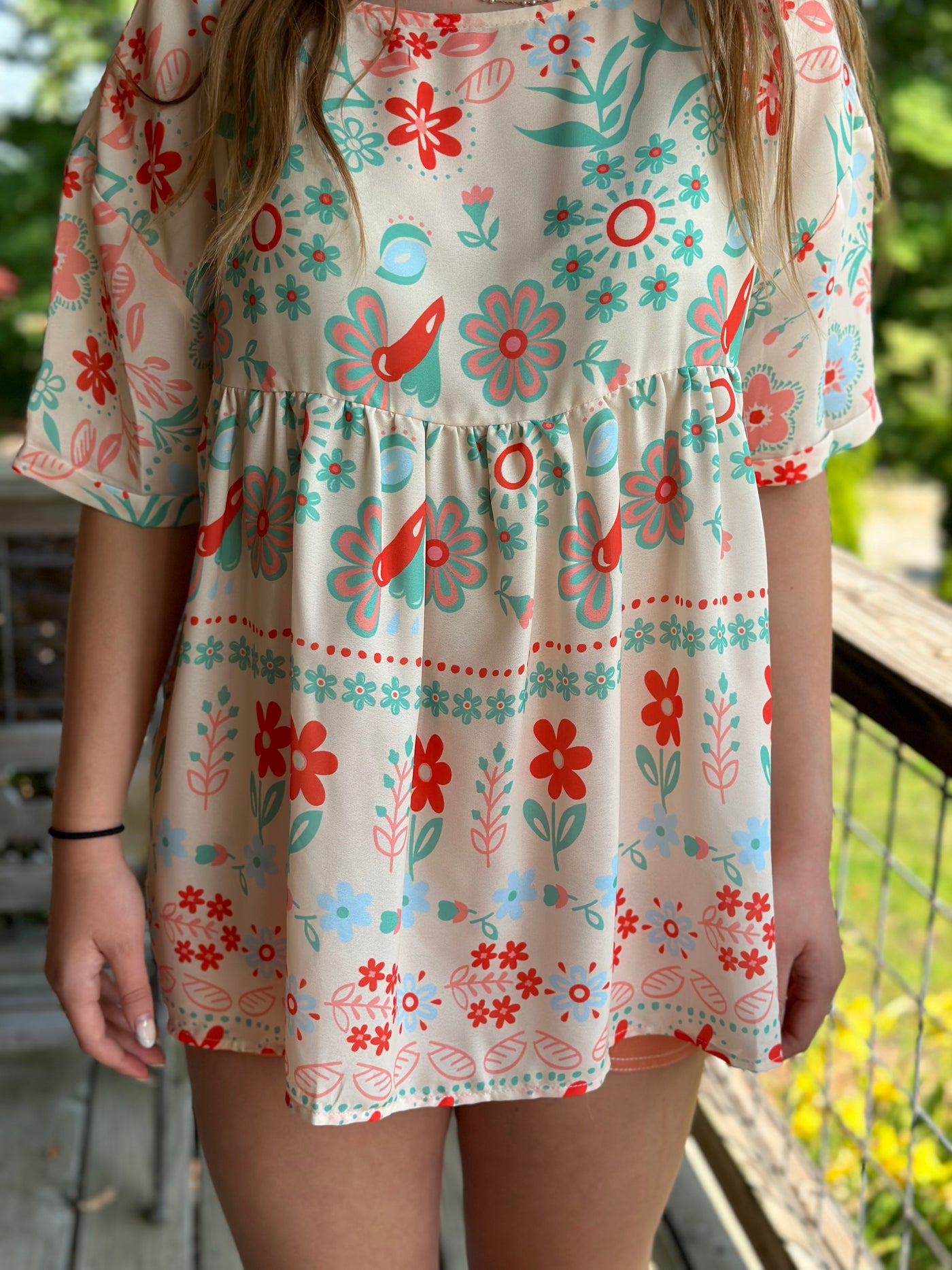 Apricot Ethnic Floral Print Babydoll Top