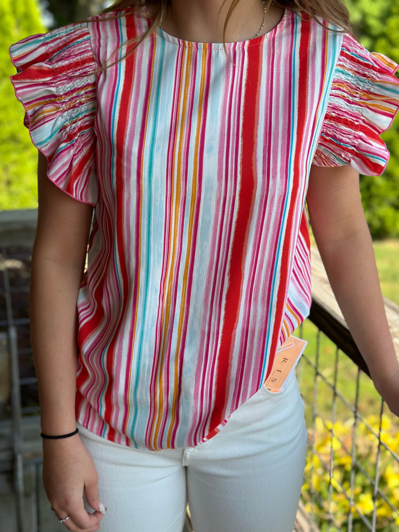 Striped Abstract Print Ruffle Sleeve Top