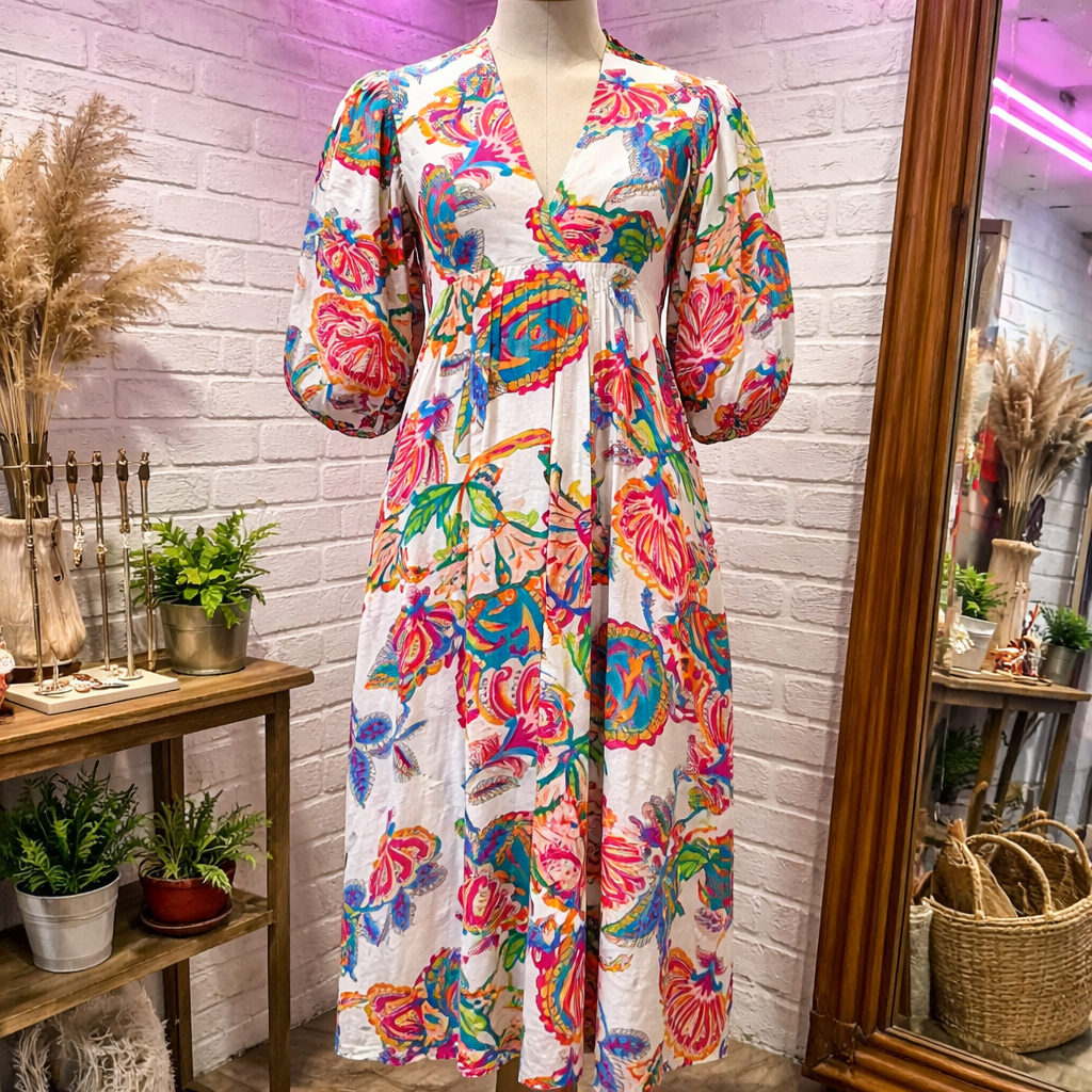 Cream Abstract Print Puff Sleeve Babydoll Dress Final Sale S