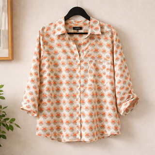 CURVY OFF WHITE GEO BUTTON DOWN SHIRT W/ SLEEVE TABS