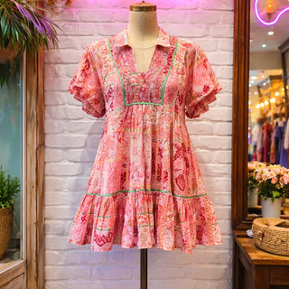 Coral Boho Patchwork Ruffle Mini Dress Final Sale