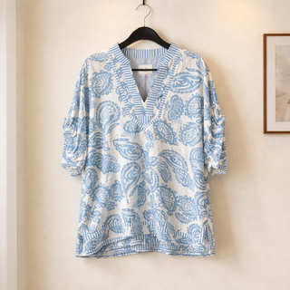 Lt. Blue Botanical Print Mixed Trim Oversized Tunic Top FINAL SALE