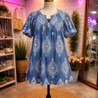 Indigo Mix Printed V-Neck Dress with Smocking Details and Short Puff Sleeves