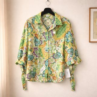 GREEN FLORAL BUTTON SHIRT W/ SLEEVE TIES FINAL SALE