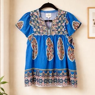 Cerulean Smocked Print Flutter Sleeve Top Final Sale