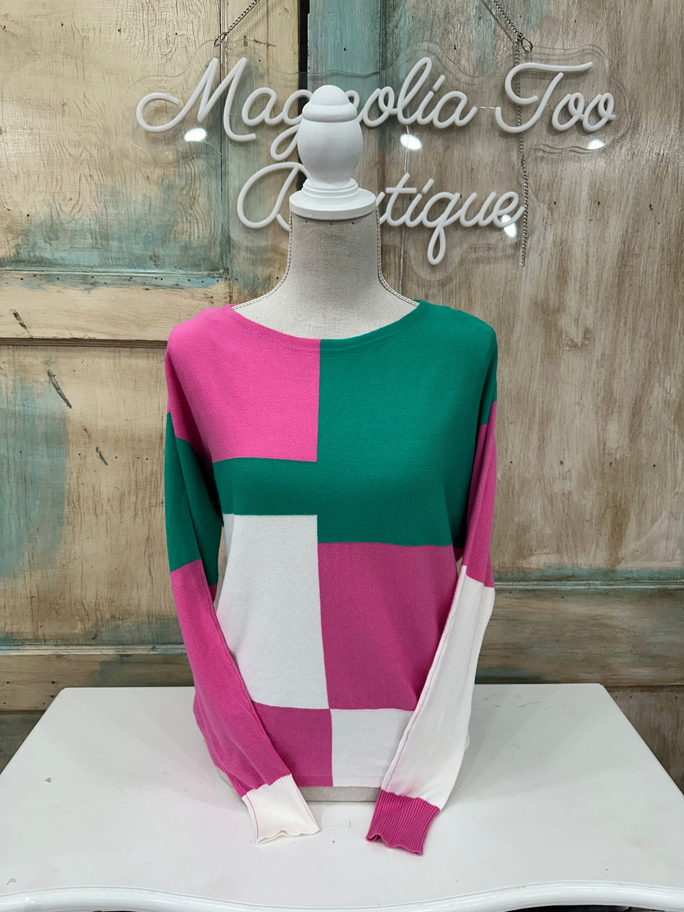 Kelly Green/Pink Color Block Boat Neck Pullover Top