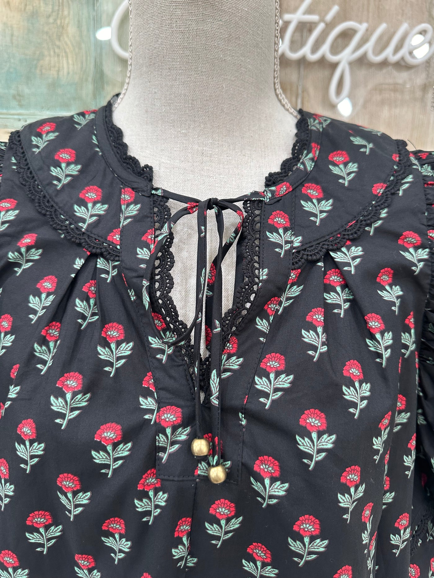 Black Floral Print V-Neck Top