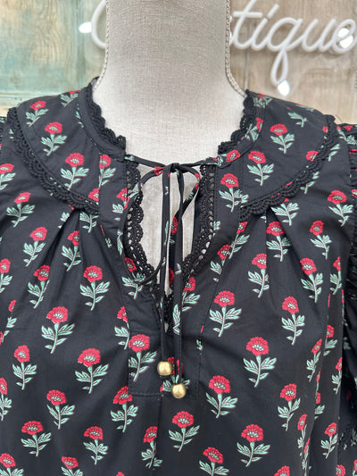 Black Floral Print V-Neck Top