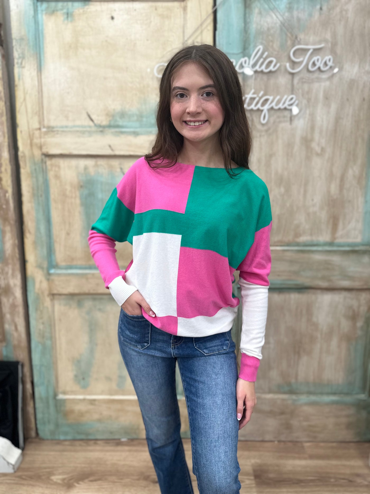 Kelly Green/Pink Color Block Boat Neck Pullover Top