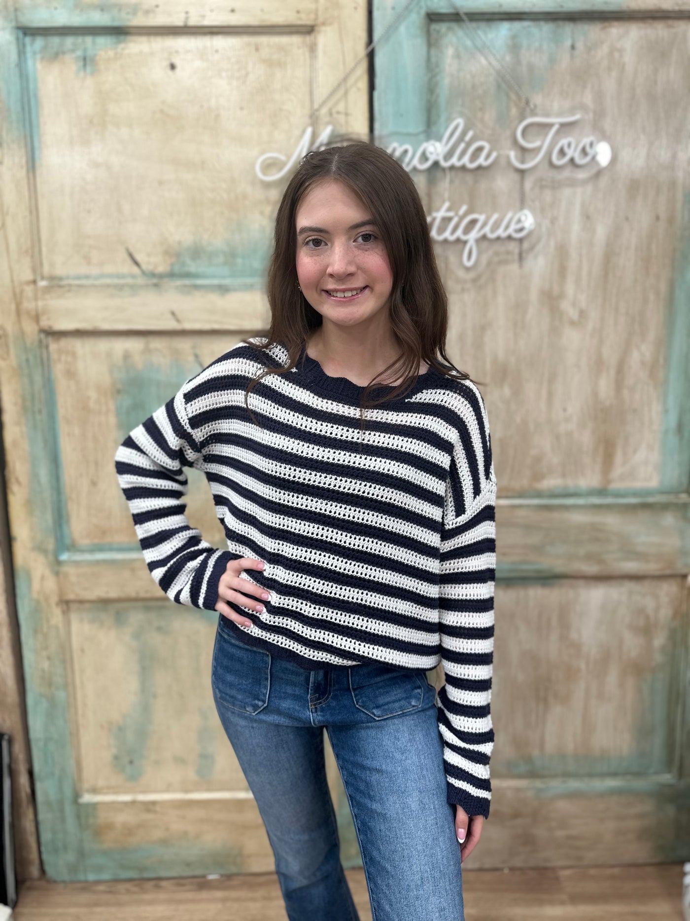 NAVY STRIPE SCALLOP TRIM KNIT PULLOVER SWEATER