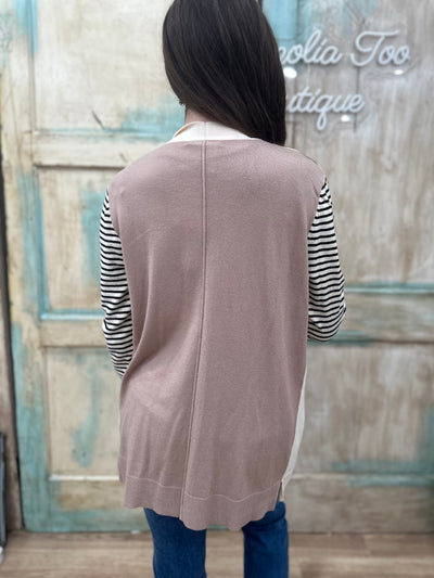 Taupe Striped Long Sleeve, Color Block, Open Front Cardigan