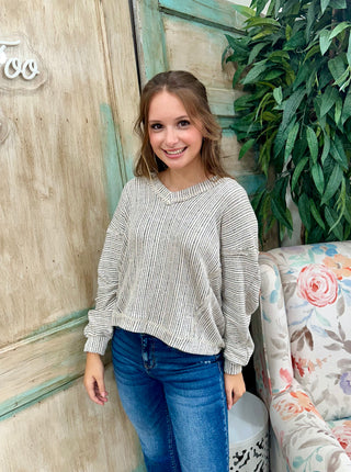 Curvy Taupe Striped Drop Shoulder V Neck Knit Top Final Sale