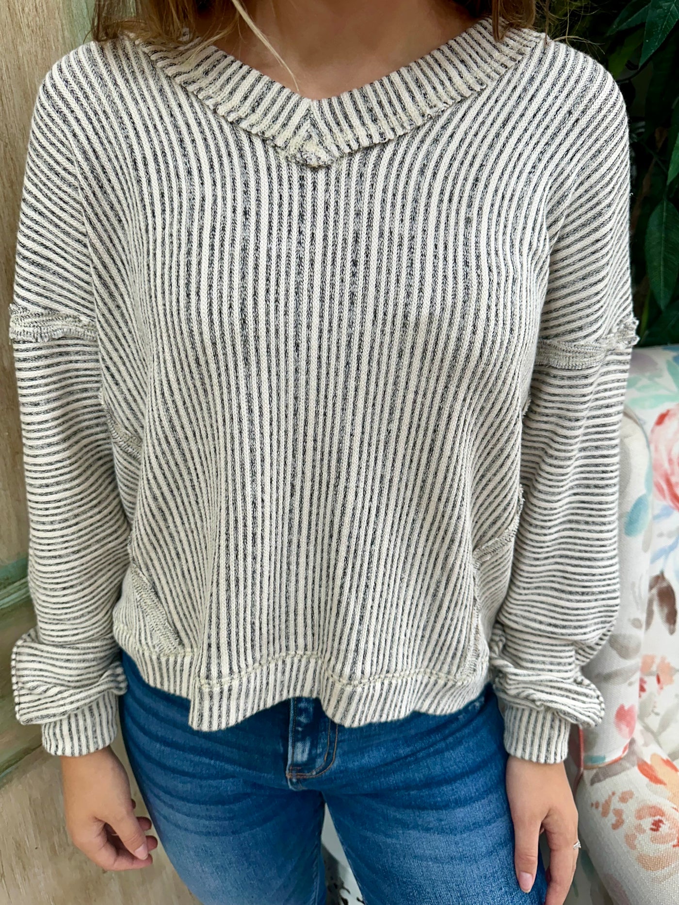 Curvy Taupe Striped Drop Shoulder V Neck Knit Top