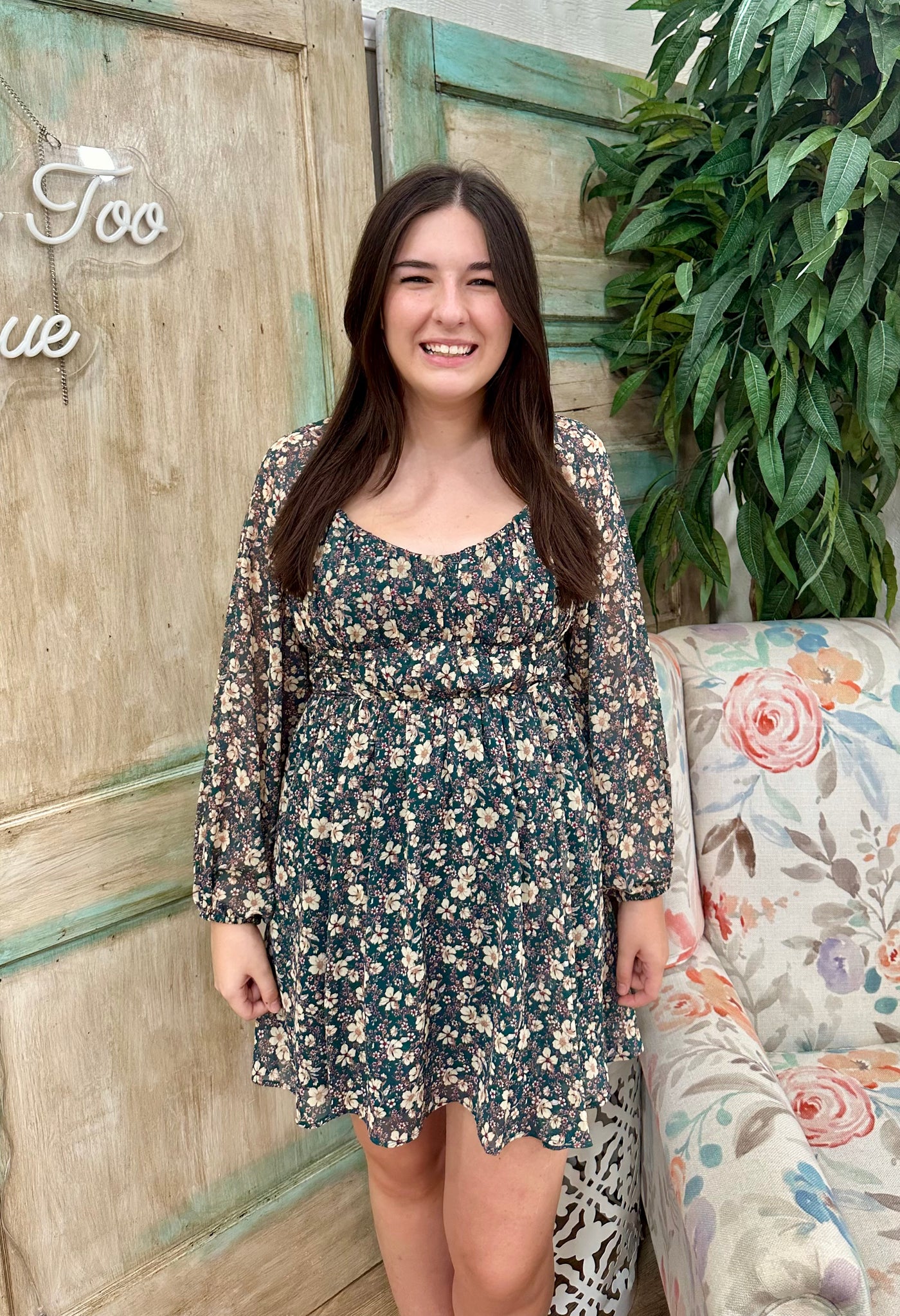 Hunter Green Floral Print Dress