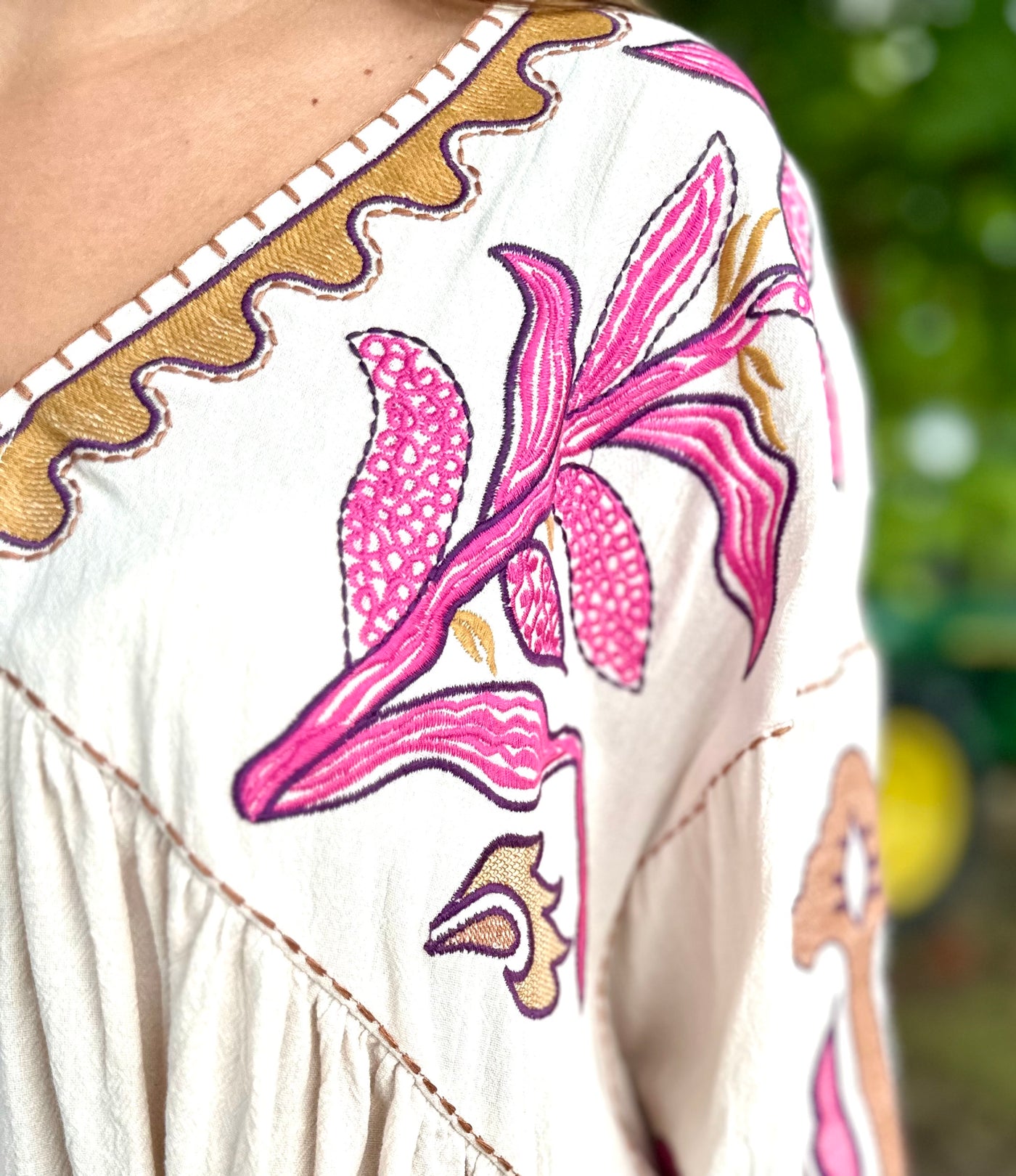 Embroidered Poly Linen Woven Dress in Ivory Pink