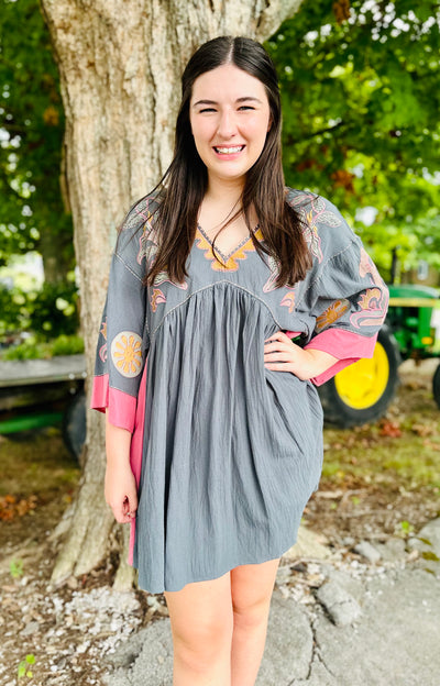 Embroidered Poly Linen Woven Dress in Teal Rose