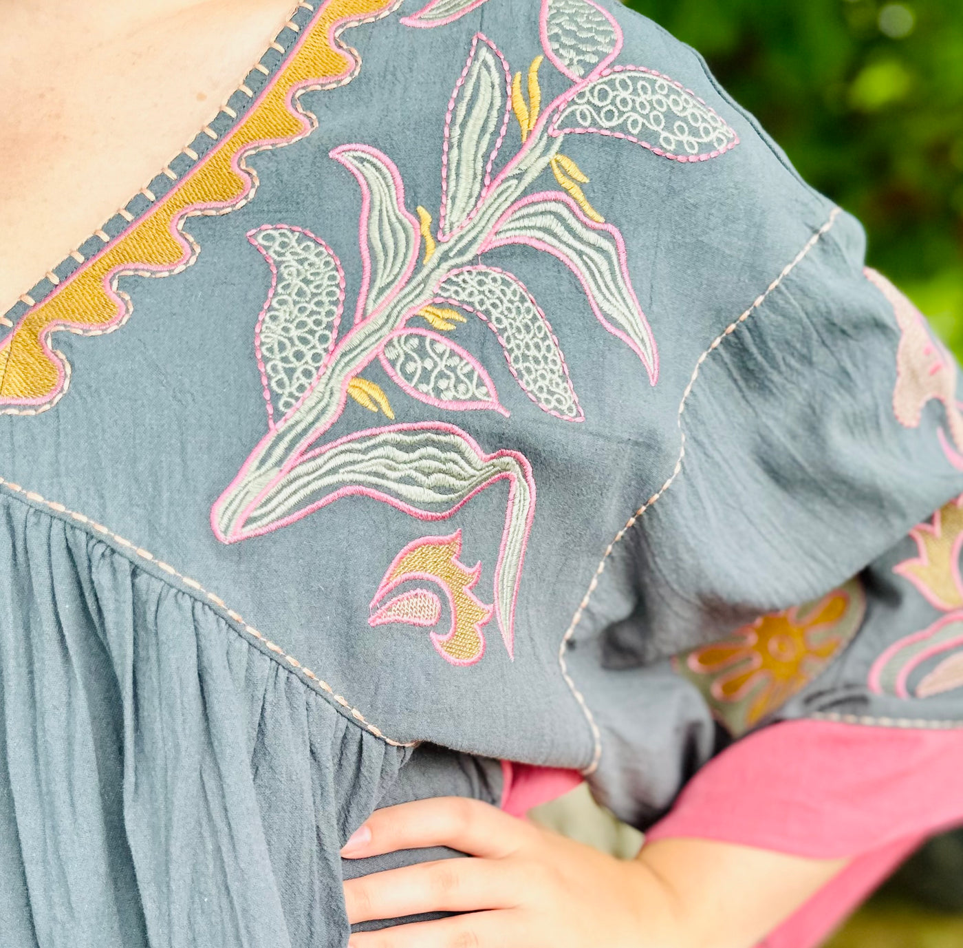 Embroidered Poly Linen Woven Dress in Teal Rose