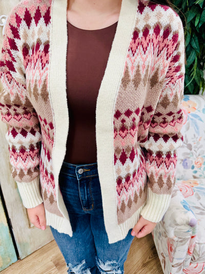 Cream Multi-Color Aztec Graphic Knit Sweater Cardigan