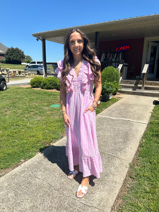 Pink Ruffled Striped Midi Dress w/ Pockets FINAL SALE