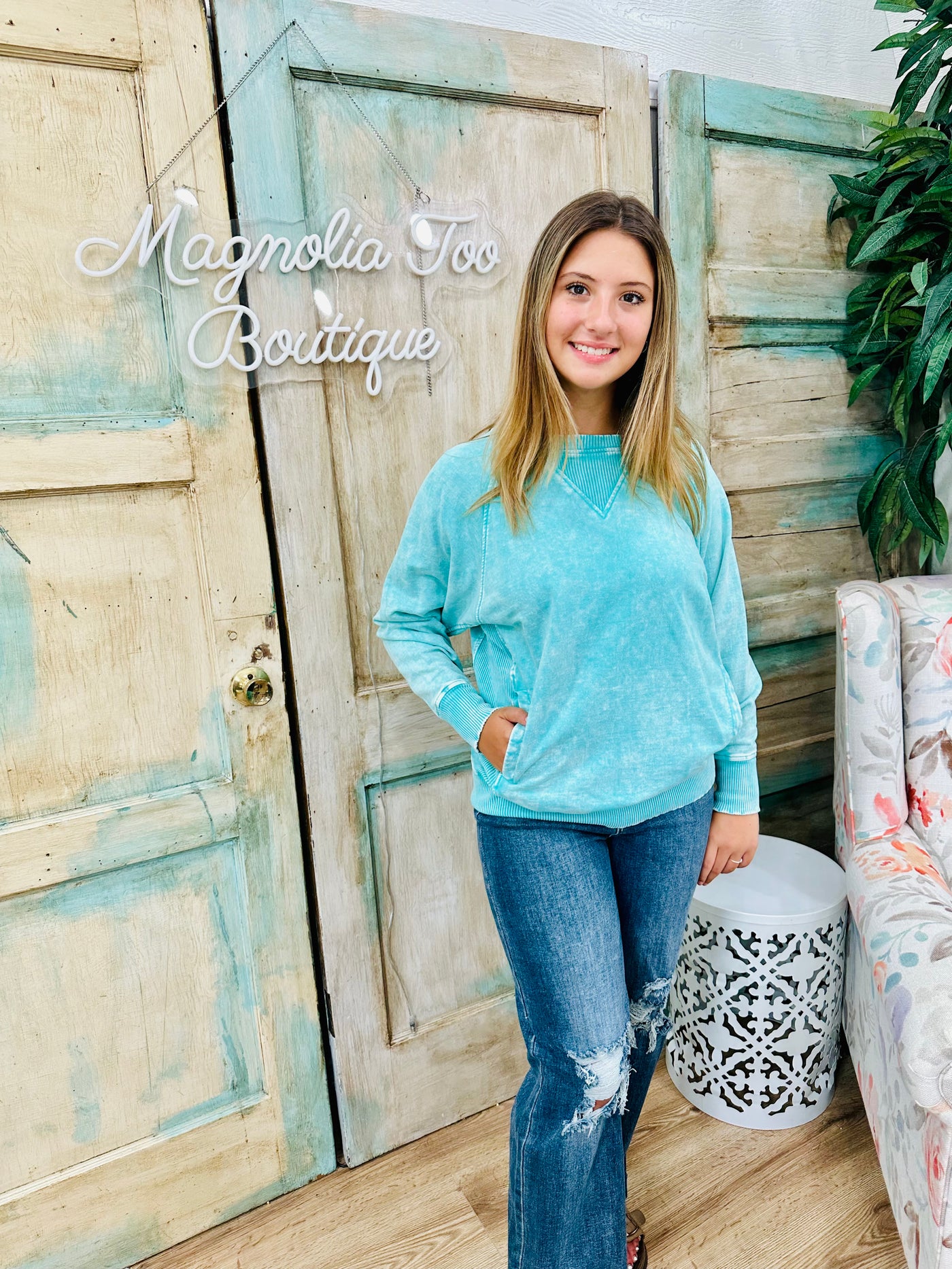 Turquoise French Terry Acid Wash Pullover