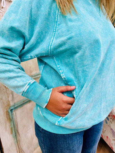 Turquoise French Terry Acid Wash Pullover