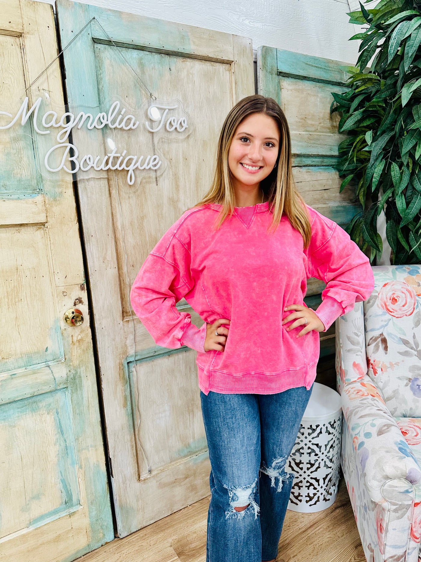 Fuchsia French Terry Acid Wash Pullover