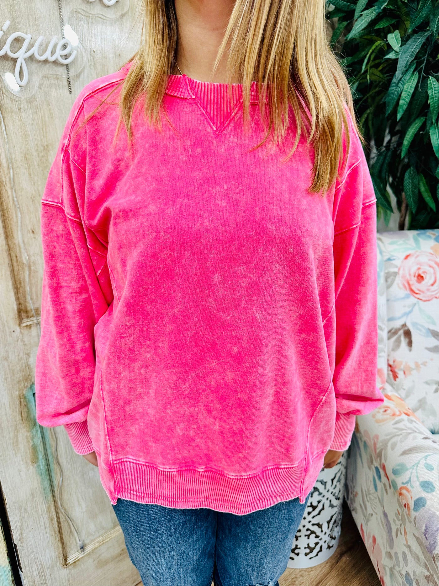 Fuchsia French Terry Acid Wash Pullover