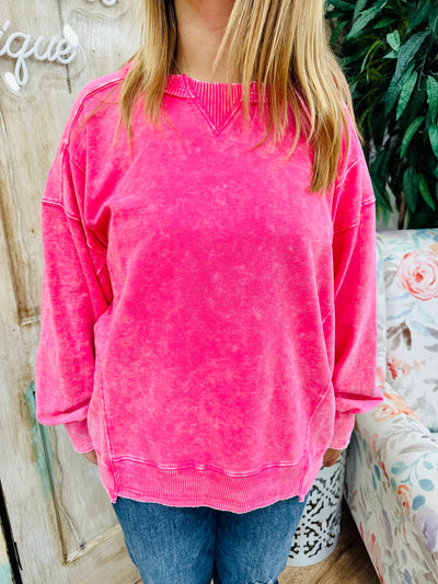 Fuchsia French Terry Acid Wash Pullover