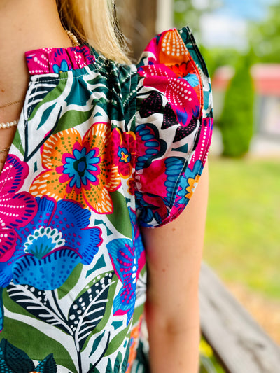 Multicolor Floral Print Ruffled Flutter Sleeve Top