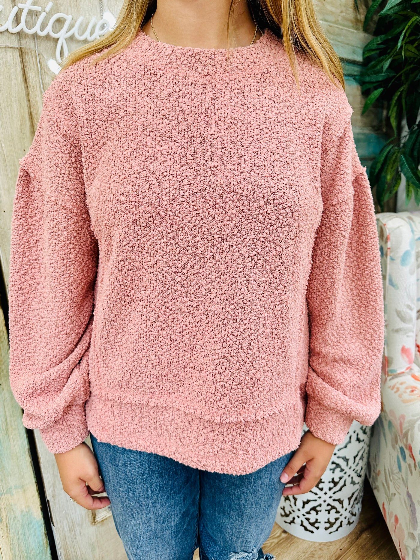 Blush Round Neck Textured Knit Oversized Top