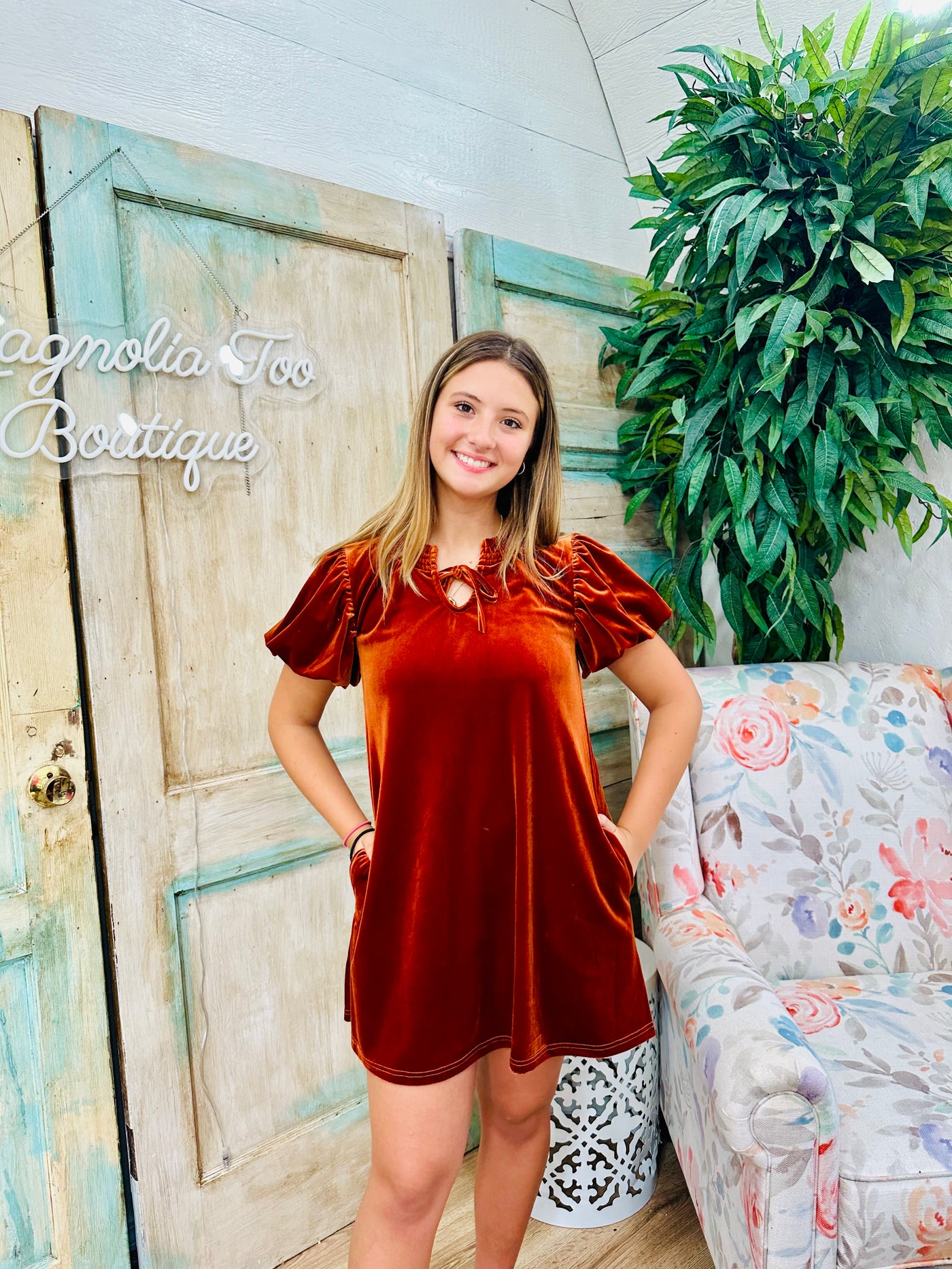 Rust Puff Sleeve Velvet Holiday Mini Dress Final Sale