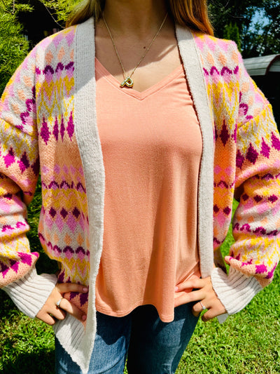 Taupe Multi-Color Aztec Graphic Knit Sweater Cardigan