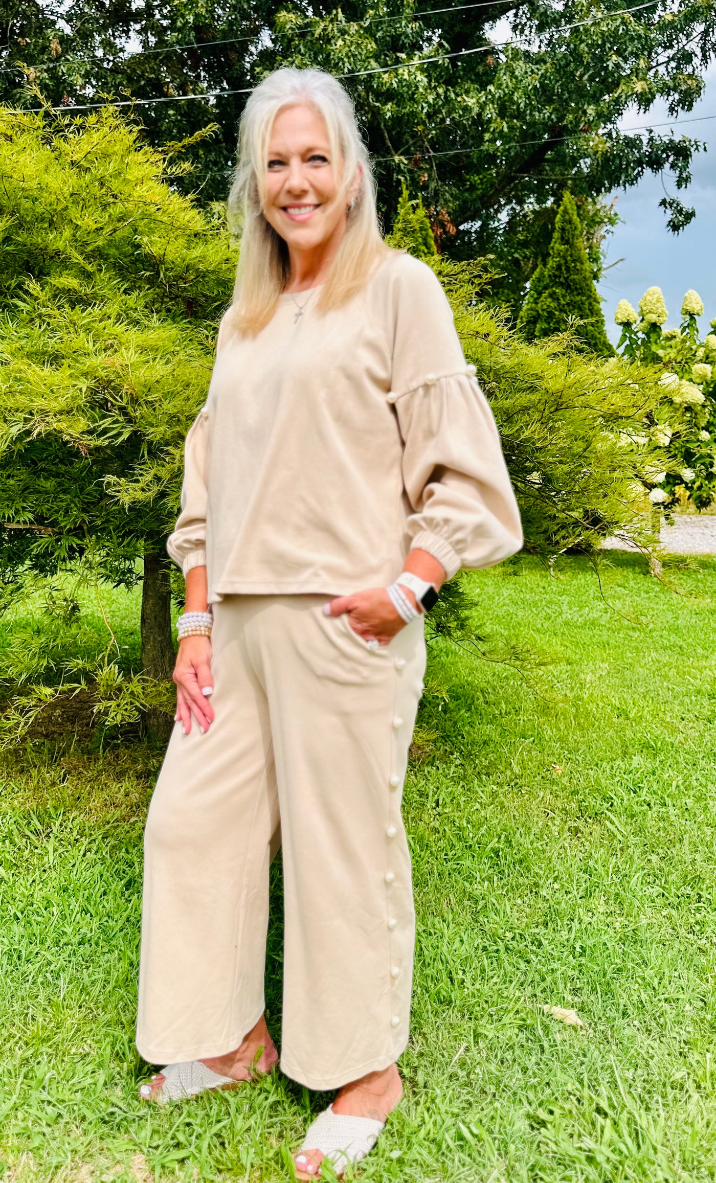 Taupe Pearl Embellished Pant Suit w/ Pockets