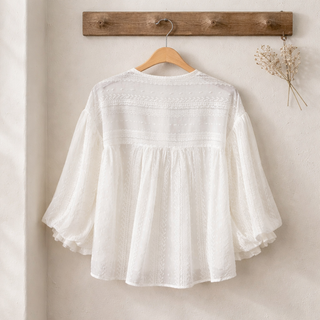 Off White Brodene Cotton Voile Bubble Sleeve Top by Fate Final Sale