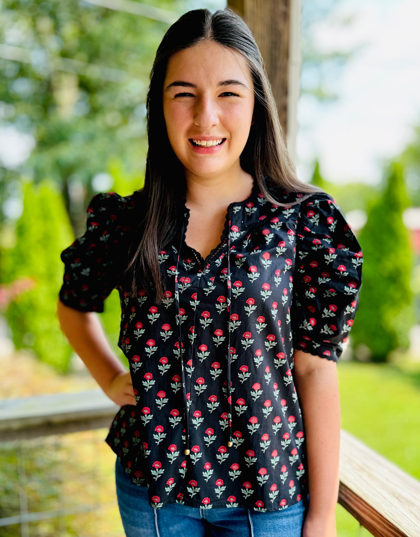 Black Floral Print V-Neck Top