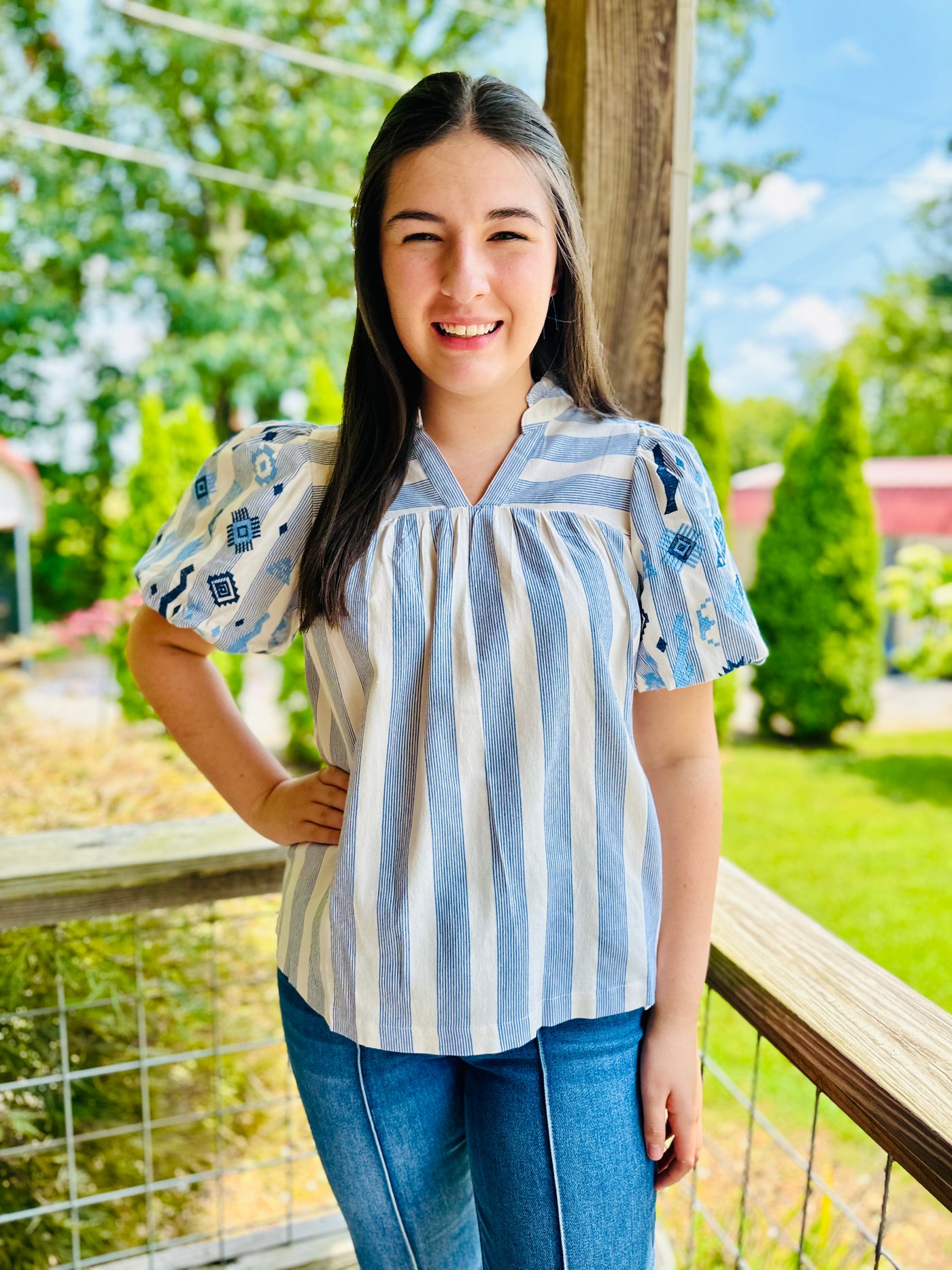 Blue Stripe Split Neck Top