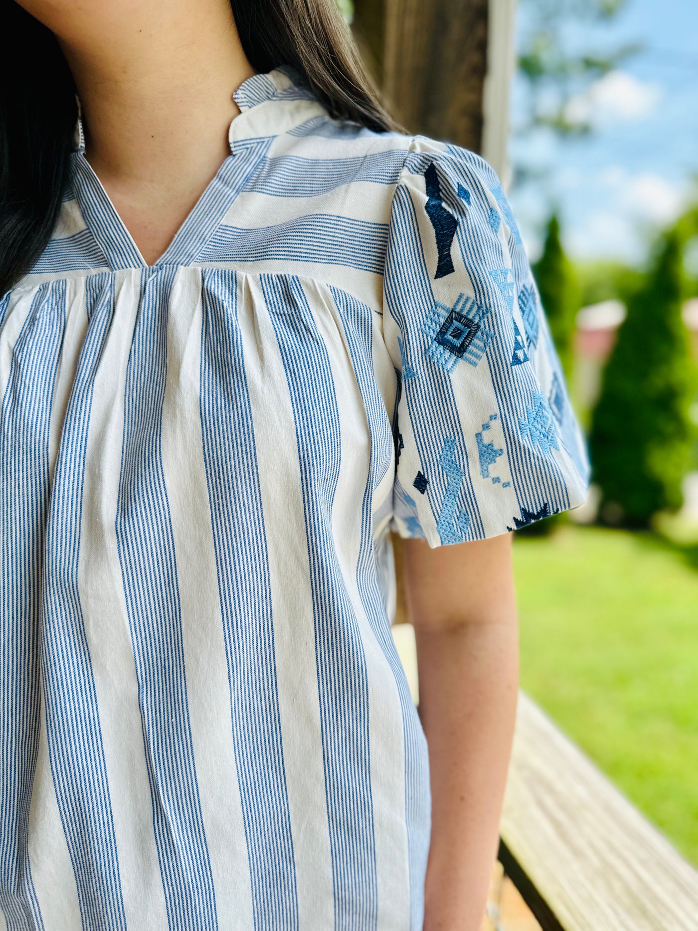 Blue Stripe Split Neck Top