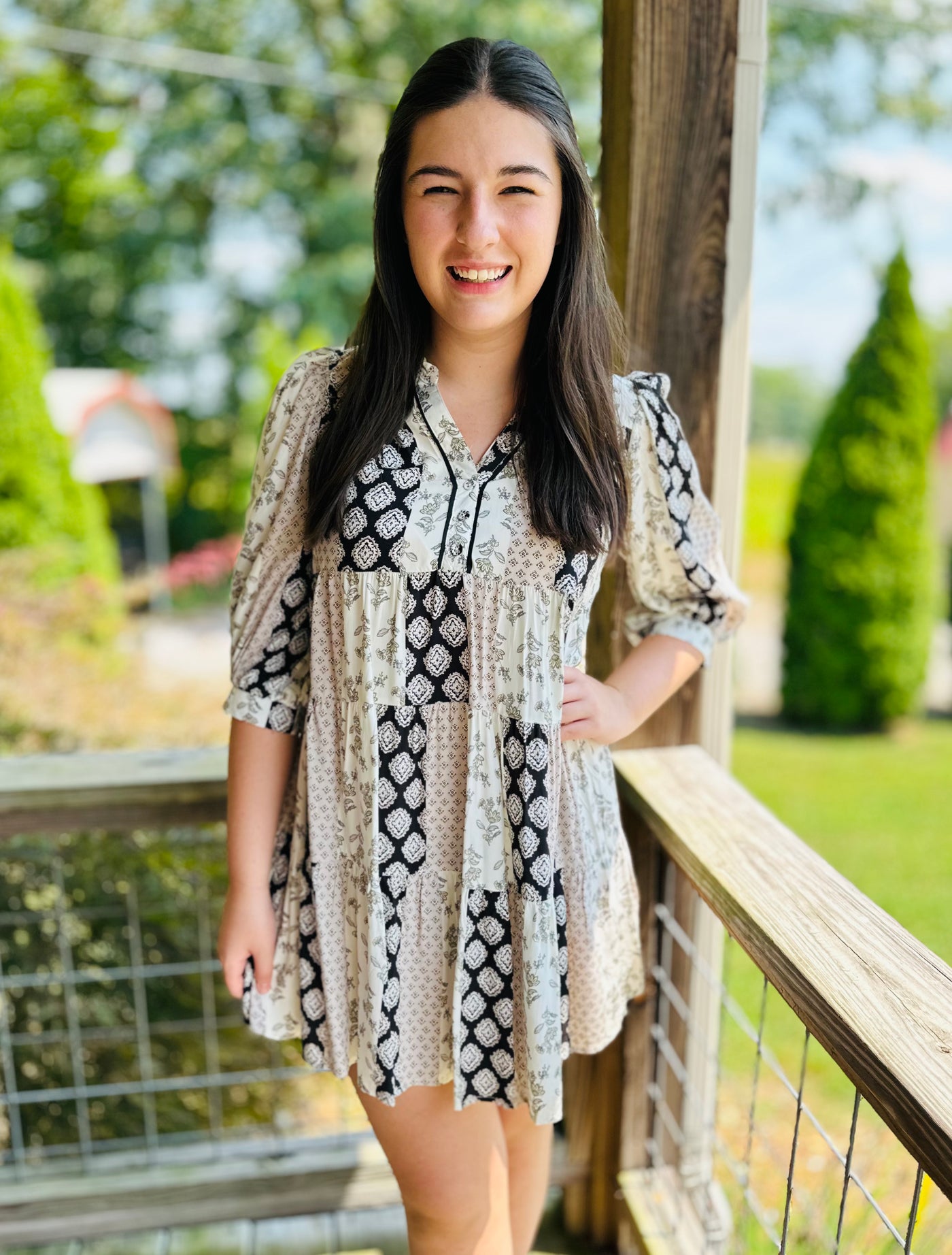 Black Mixed Print Puff Sleeve Tiered Dress