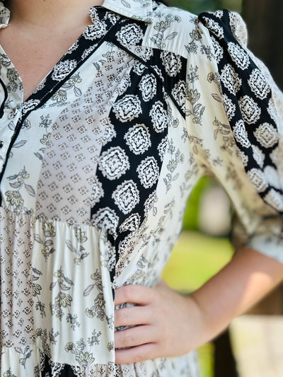 Black Mixed Print Puff Sleeve Tiered Dress