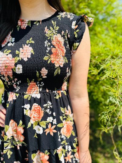 BLACK MULTI SMOCKED TIERED FLORAL MIDI DRESS