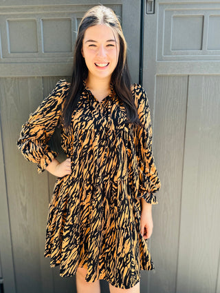 Caramel Printed Ruffle Hem Long Sleeve Dress Final Sale