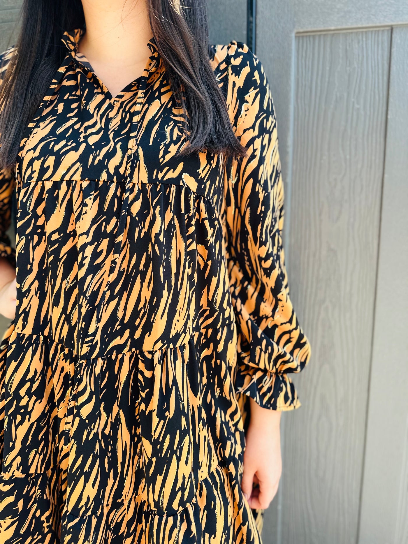 Caramel Printed Ruffle Hem Long Sleeve Dress