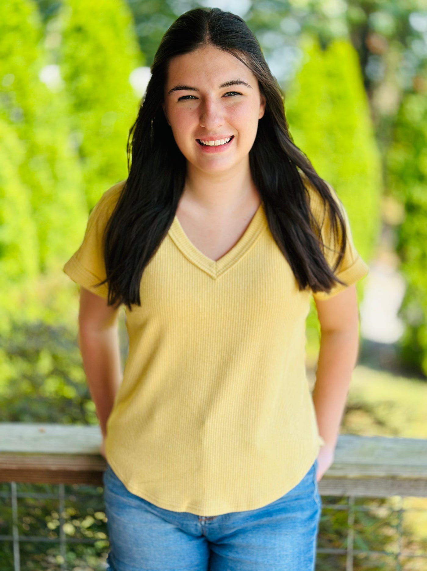 DUSTY YELLOW RAW EDGE V NECK EXTENDED SHORT SLEEVE KNIT TOP