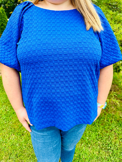 Curvy Jacquard Round Neck Top  Details: • Boxy Cut • Cut Edge • 3/4 Raglan Puff Sleeves