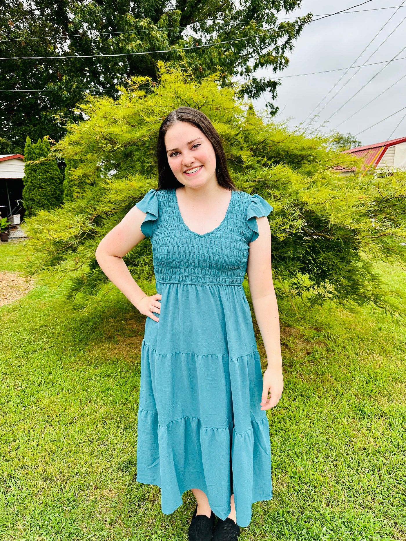 Teal Flutter Sleeve Maxi Dress