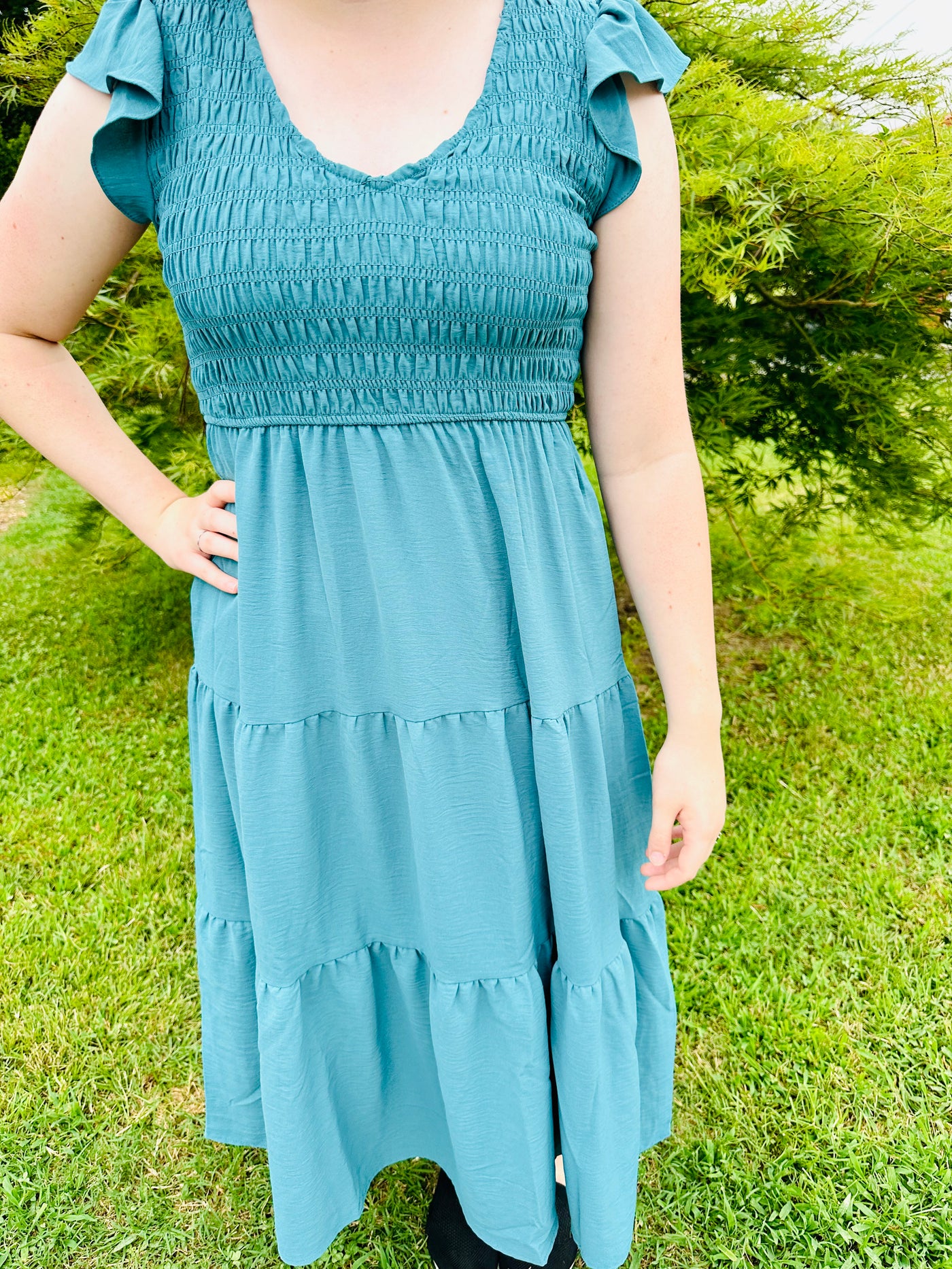 Teal Flutter Sleeve Maxi Dress