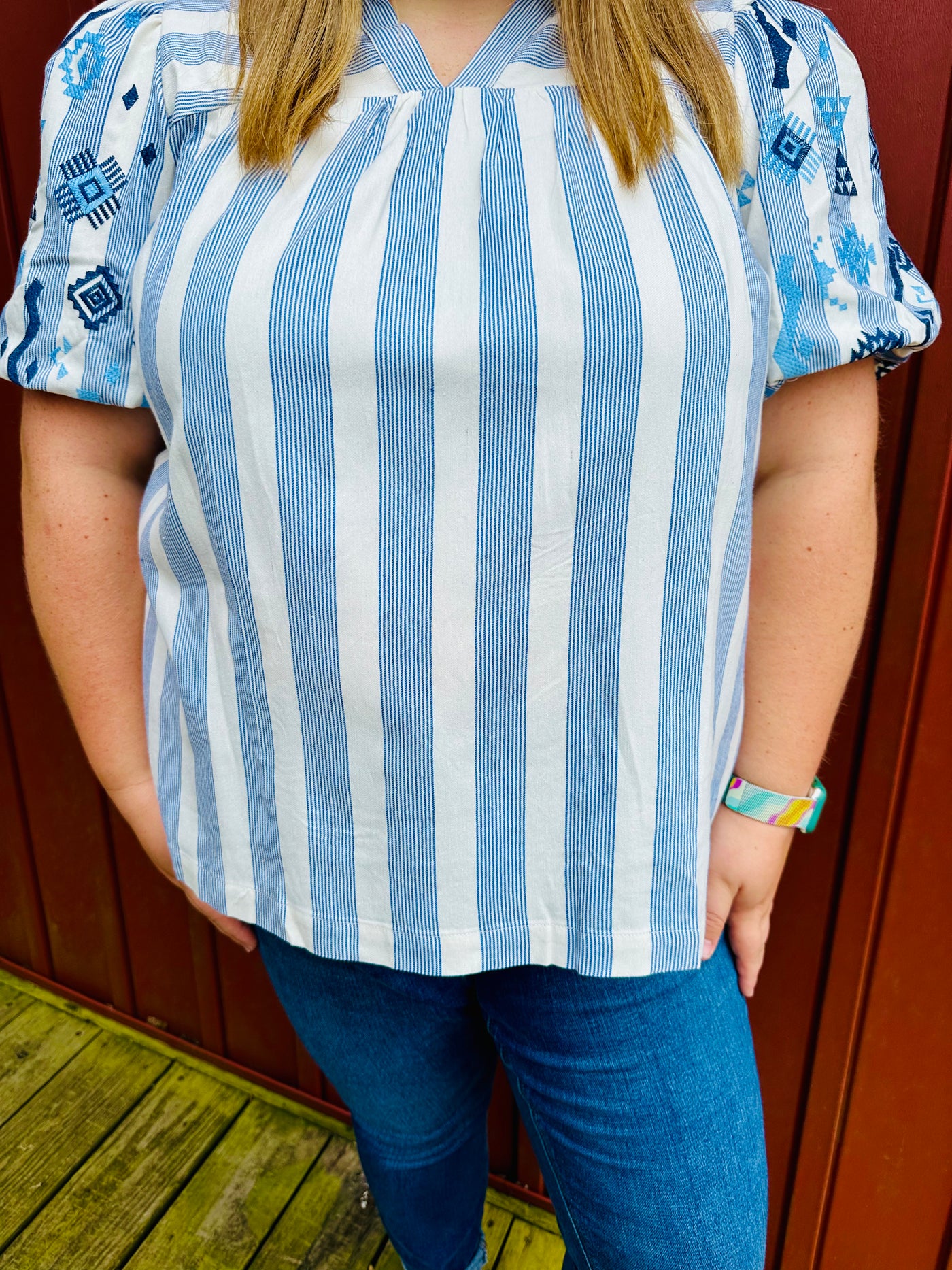 Curvy Blue Striped Split Neck Top