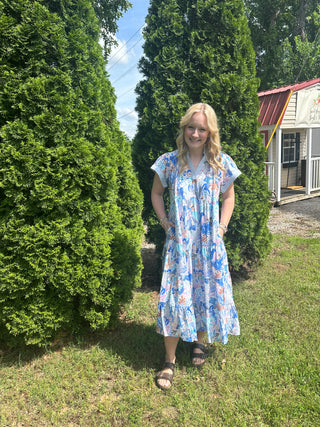 Blue Mix Tropical Print Tiered Midi Dress w/ Pockets FINAL SALE