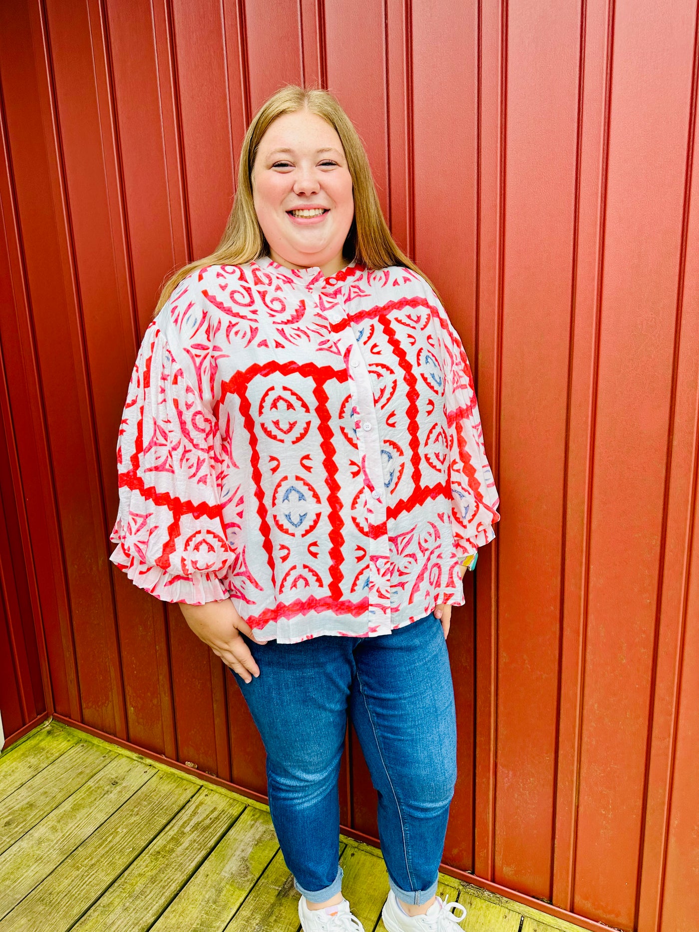 Curvy Cream Coral AZTEC PRINT BUBBLE SLEEVE BLOUSE