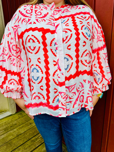 Curvy Cream Coral AZTEC PRINT BUBBLE SLEEVE BLOUSE